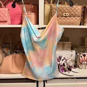 Zara Pastel Tie-Dye Satin Cowl Cami - Blue, Pink, Yellow